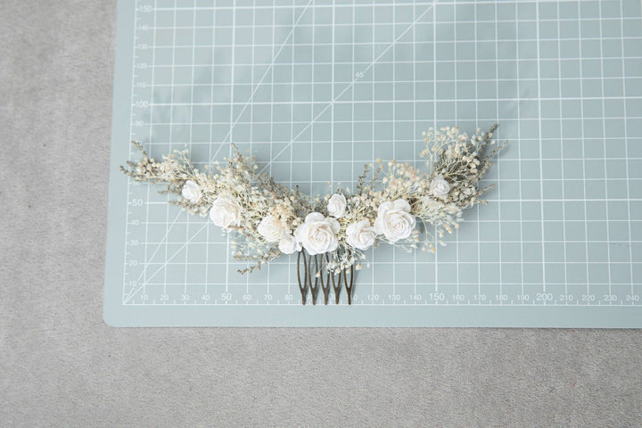 Dried Flower Bridal Hair Comb: Paper Roses, Rustic Wedding Headpiece – handmade floral hair accessory by magaela