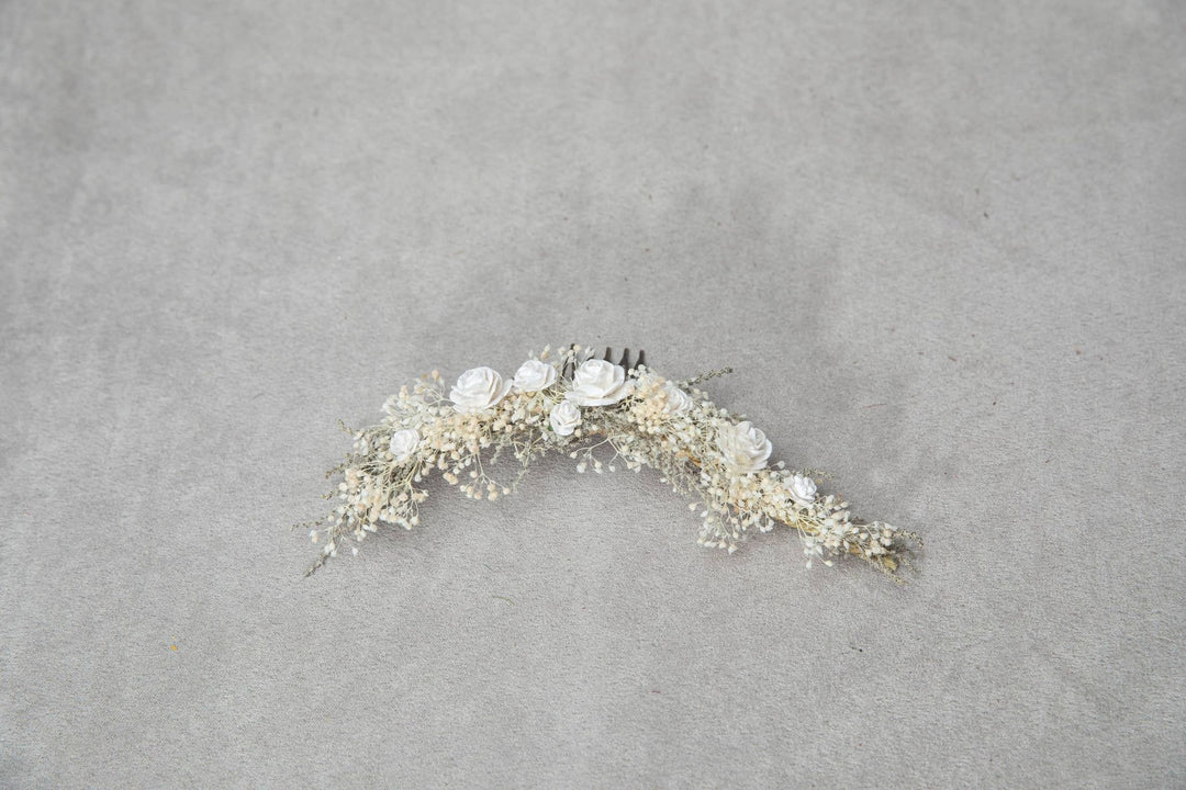 Dried Flower Bridal Hair Comb: Paper Roses, Rustic Wedding Headpiece – handmade floral hair accessory by magaela
