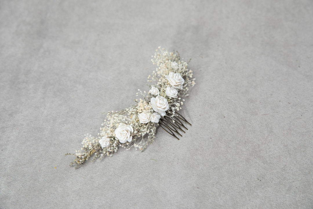 Dried Flower Bridal Hair Comb: Paper Roses, Rustic Wedding Headpiece – handmade floral hair accessory by magaela