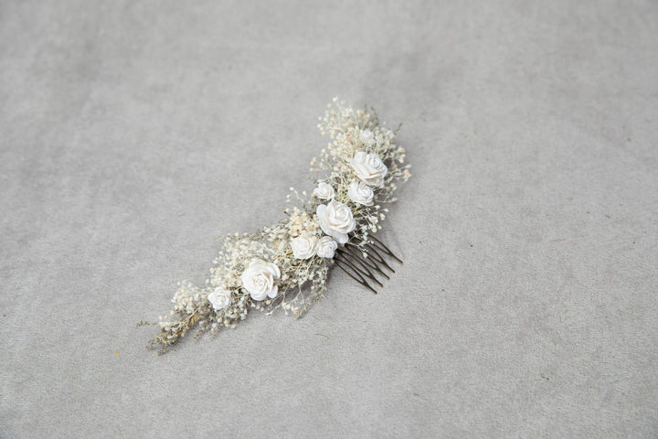 Dried Flower Bridal Hair Comb: Paper Roses, Rustic Wedding Headpiece – handmade floral hair accessory by magaela