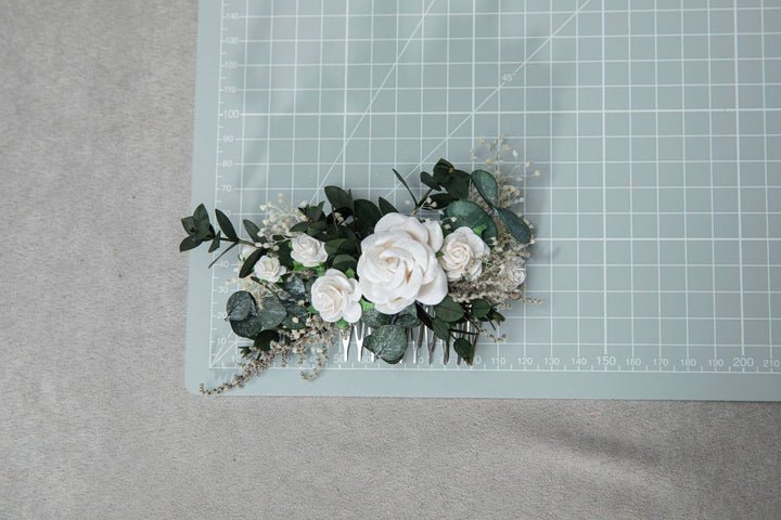 Bridal Flower Hair Comb: Romantic Greenery, White Roses – handmade floral hair accessory by magaela