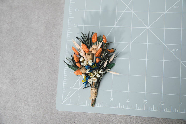 Natural flower set Bridal hair comb Boutonniere for groom Matching wedding accessories Orange and blue hair comb Rosemary and olive leaves – handmade floral hair accessory by magaela