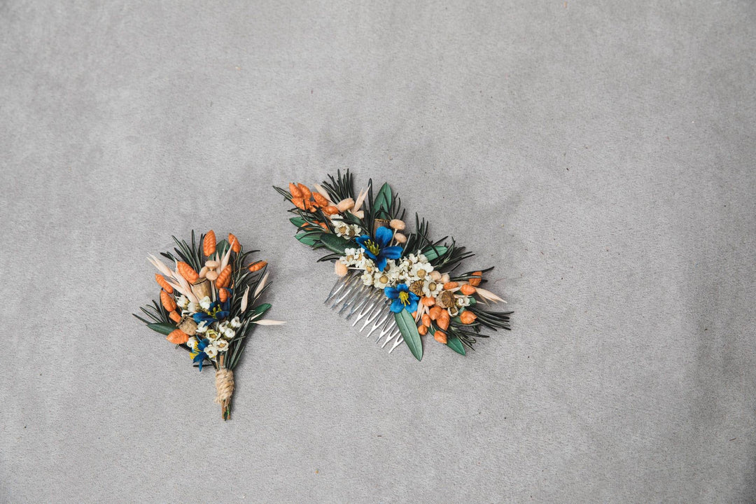 Natural flower set Bridal hair comb Boutonniere for groom Matching wedding accessories Orange and blue hair comb Rosemary and olive leaves – handmade floral hair accessory by magaela