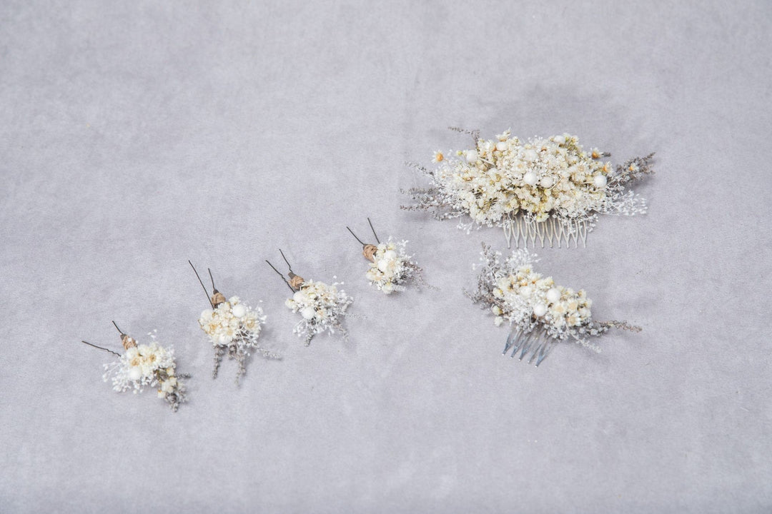Ivory Baby's Breath Hairpins: Beige Dried Flower Wedding Hair Accessories – handmade floral hair accessory by magaela