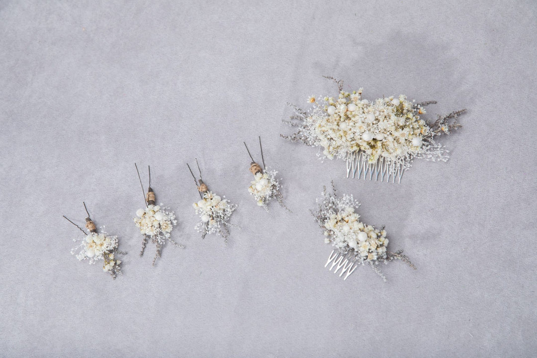 Ivory Baby's Breath Hairpins: Beige Dried Flower Wedding Hair Accessories – handmade floral hair accessory by magaela