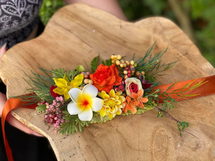 Tropical Flower Wedding Belt: Orange Plumeria Bridal Sash – handmade floral hair accessory by magaela