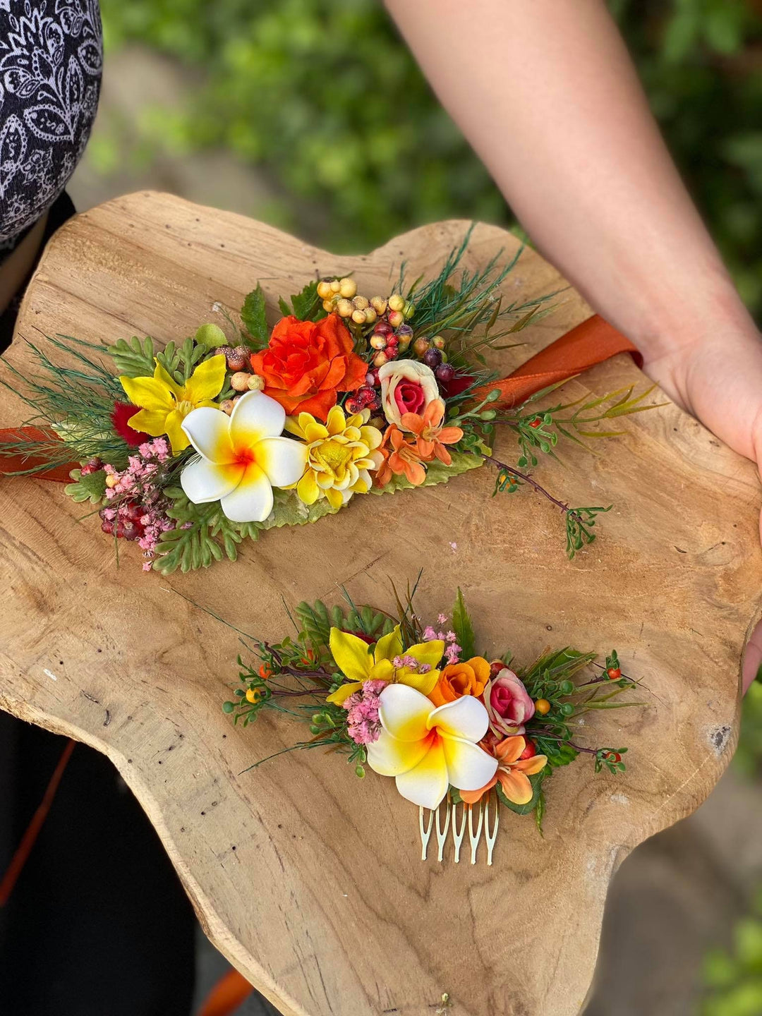 Tropical Flower Wedding Belt: Orange Plumeria Bridal Sash – handmade floral hair accessory by magaela