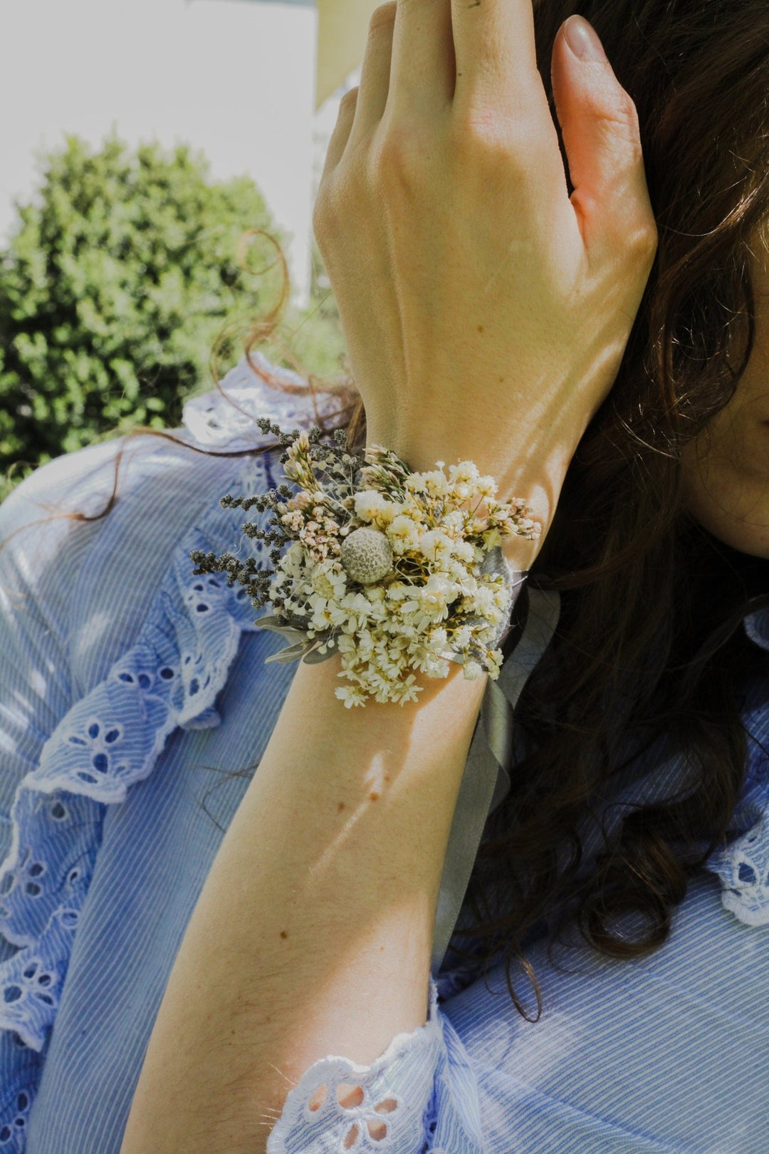 Preserved Baby's Breath Flower Bracelet - Ivory Wedding Corsage – handmade floral hair accessory by magaela