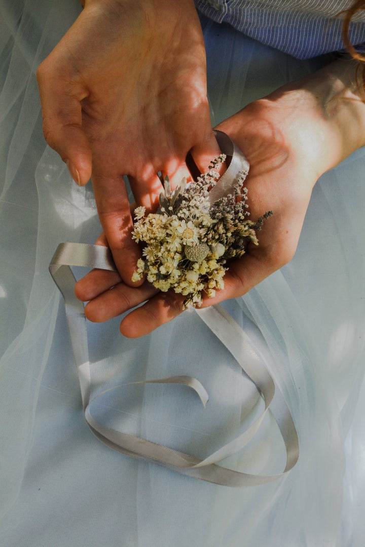 Preserved Baby's Breath Flower Bracelet - Ivory Wedding Corsage – handmade floral hair accessory by magaela