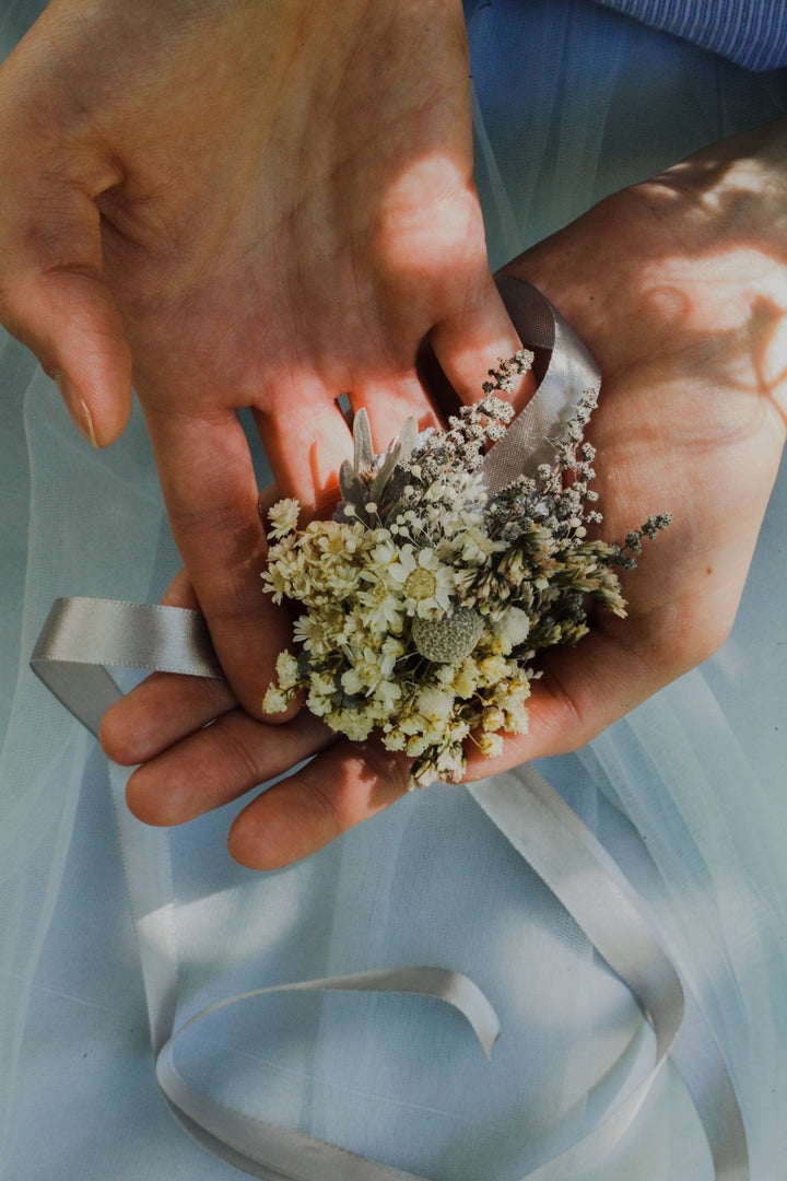 Preserved Baby's Breath Flower Bracelet - Ivory Wedding Corsage – handmade floral hair accessory by magaela