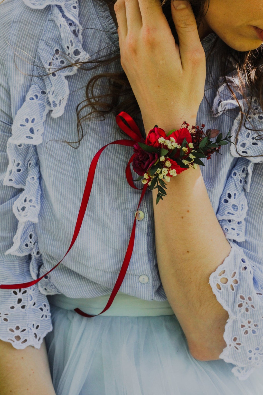 Burgundy Floral Wrist Corsage: Eucalyptus Wedding Bracelet – handmade floral hair accessory by magaela