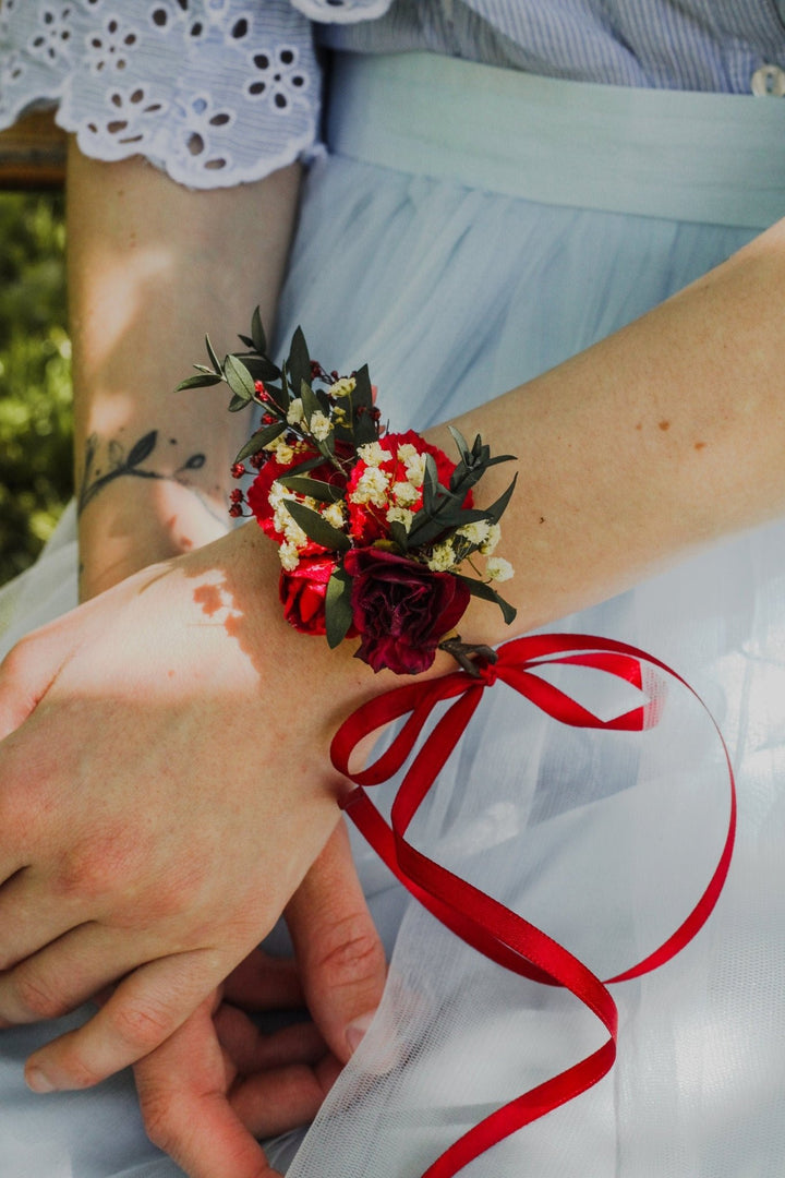 Burgundy Floral Wrist Corsage: Eucalyptus Wedding Bracelet – handmade floral hair accessory by magaela