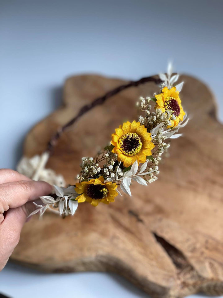 Sunflower Bridal Hair Crown: Ivory & Yellow Flower Wreath – handmade floral hair accessory by magaela