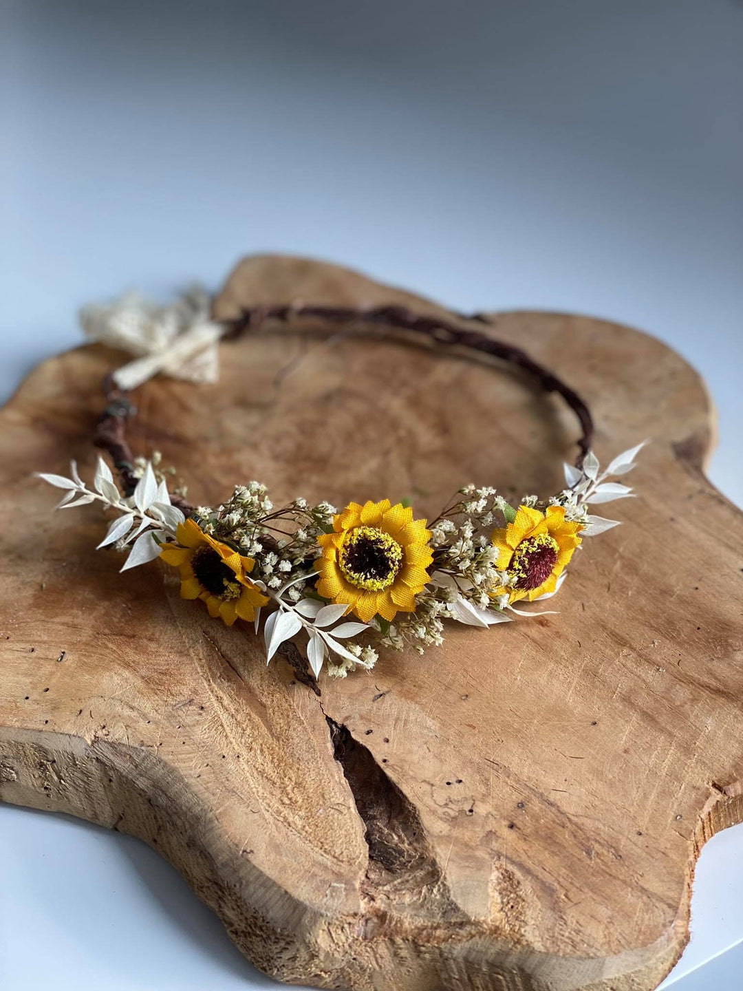 Sunflower Bridal Hair Crown: Ivory & Yellow Flower Wreath – handmade floral hair accessory by magaela