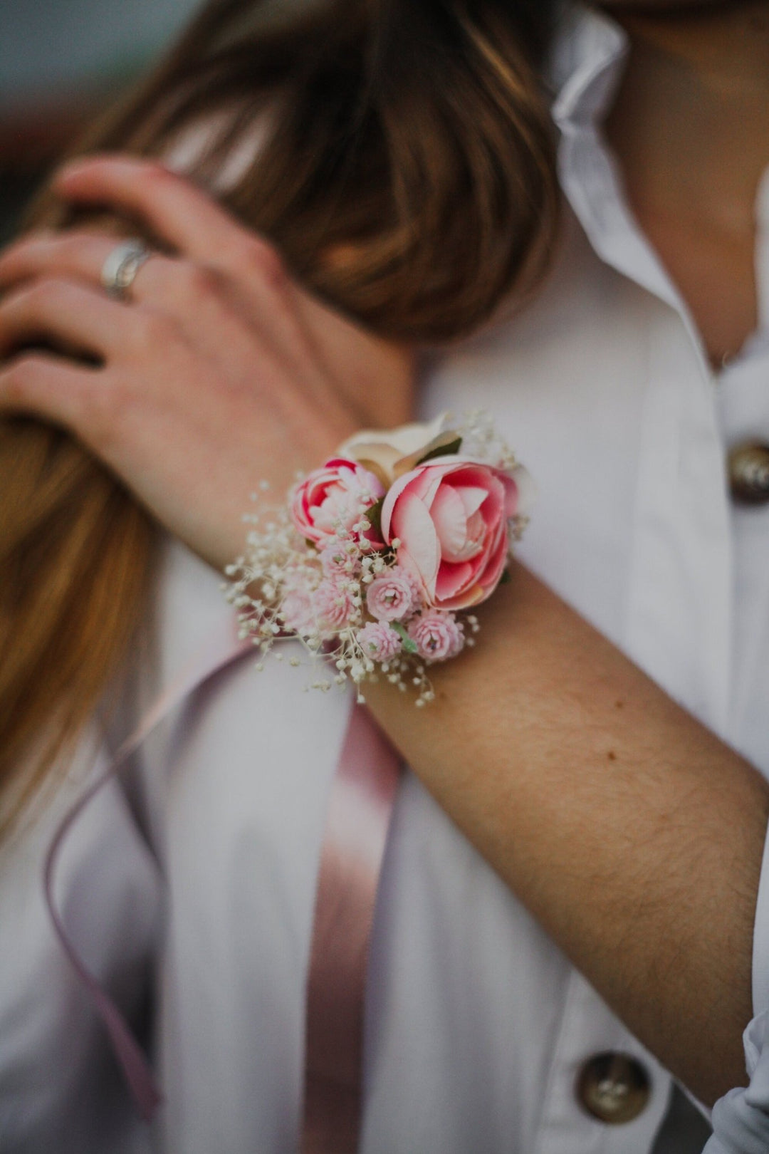 Blush Pink Flower Bracelet: Wedding Corsage with Ribbon – handmade floral hair accessory by magaela