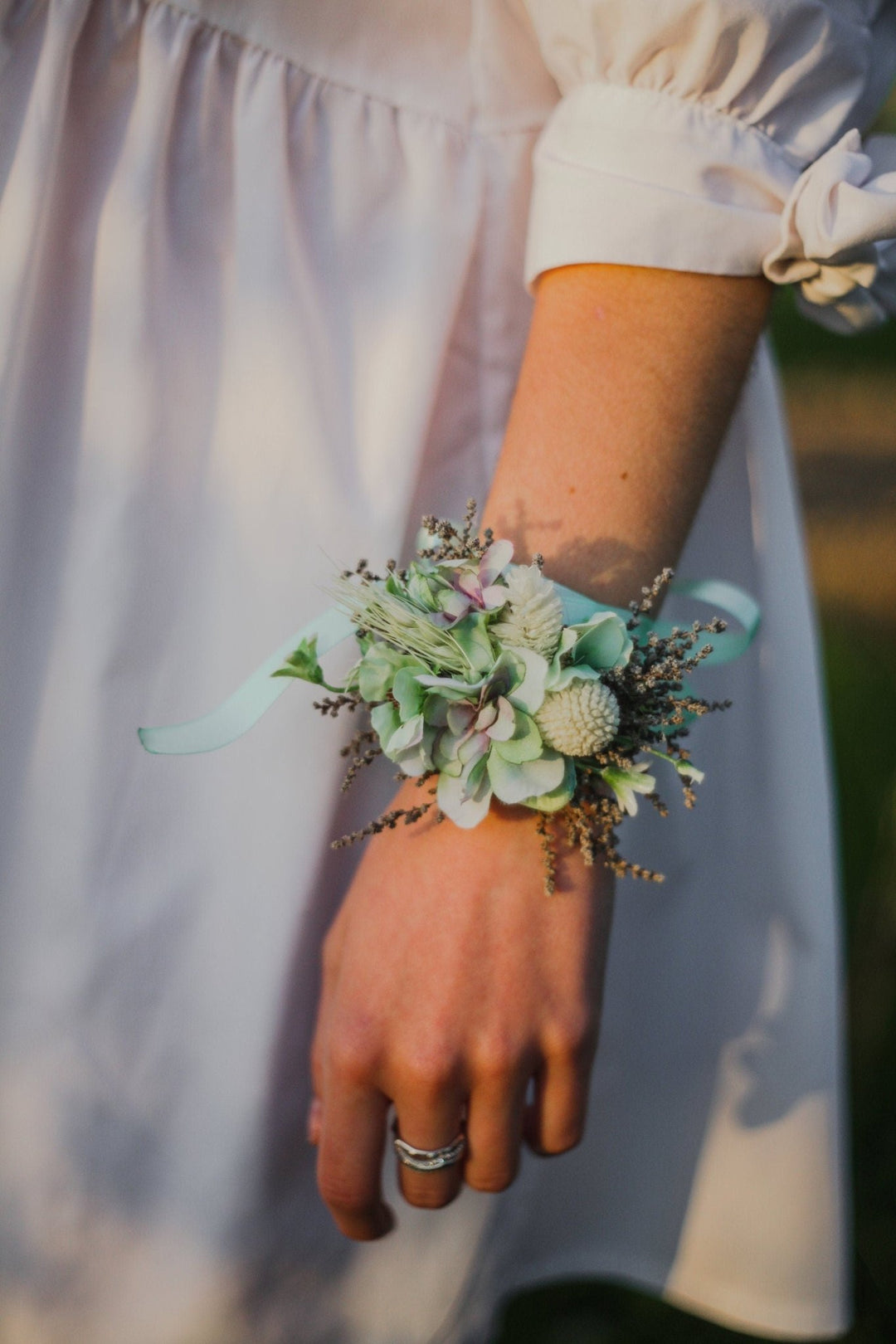 Mint Flower Corsage Bracelet: Pastel Turquoise Bridesmaid Jewelry – handmade floral hair accessory by magaela