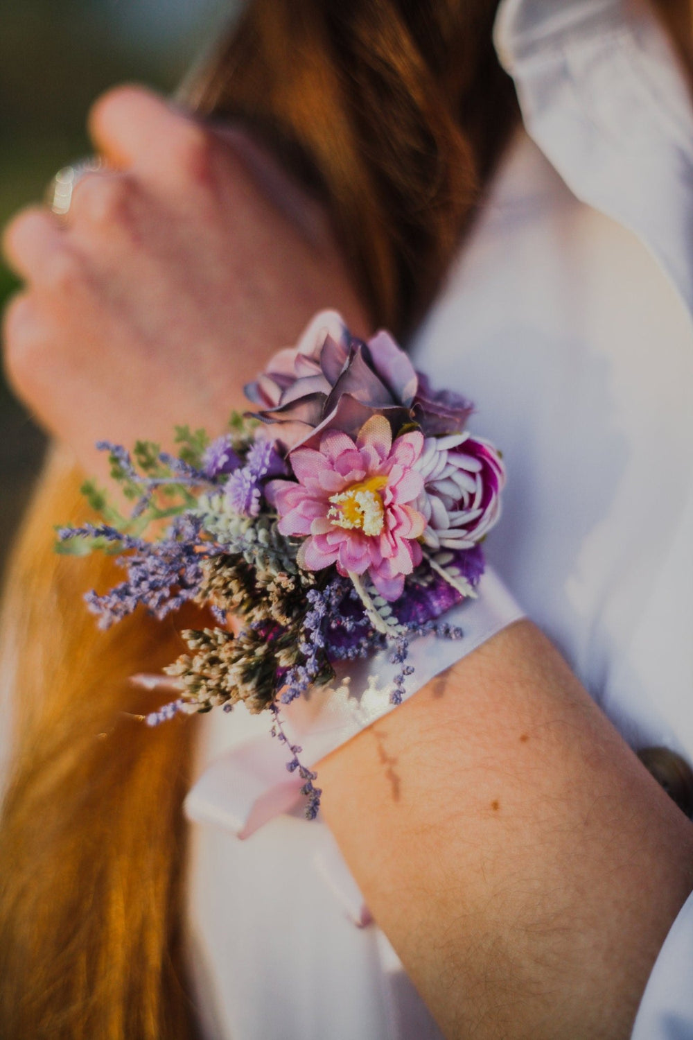 Purple Pink Flower Bracelet: Lavender Peony Wrist Corsage – handmade floral hair accessory by magaela