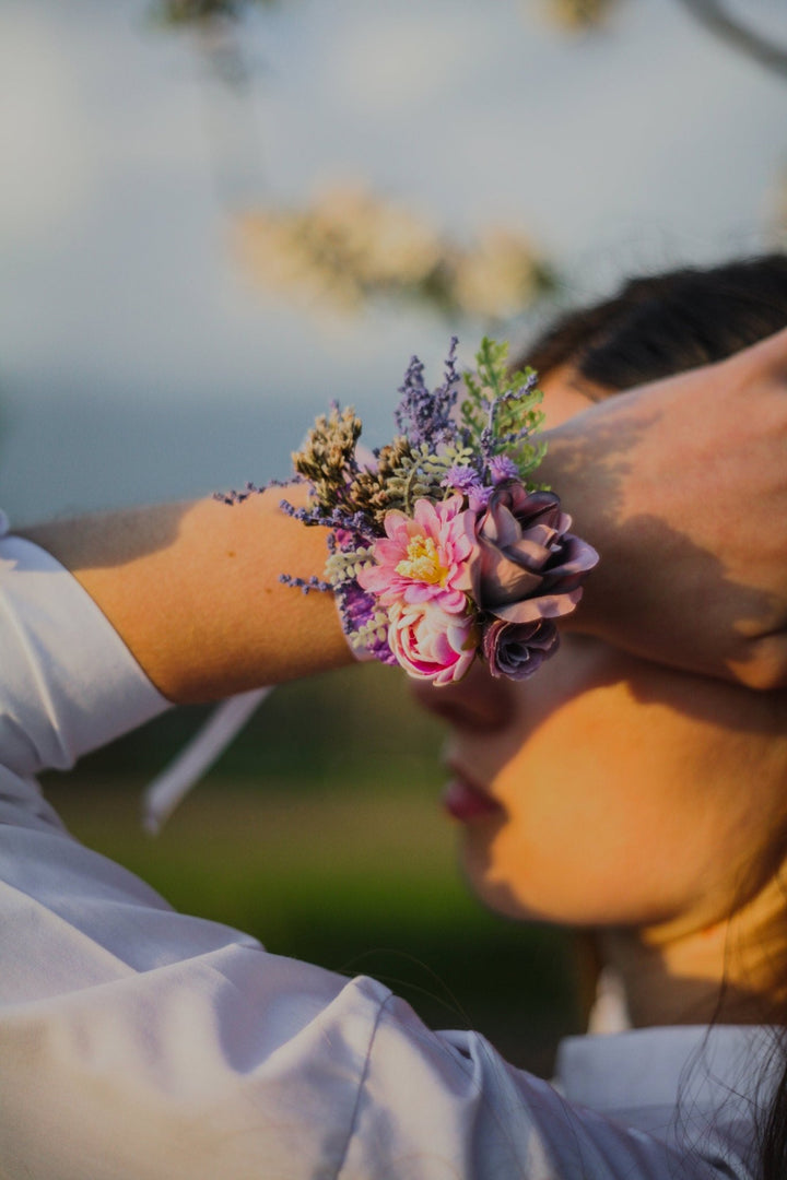 Purple Pink Flower Bracelet: Lavender Peony Wrist Corsage – handmade floral hair accessory by magaela