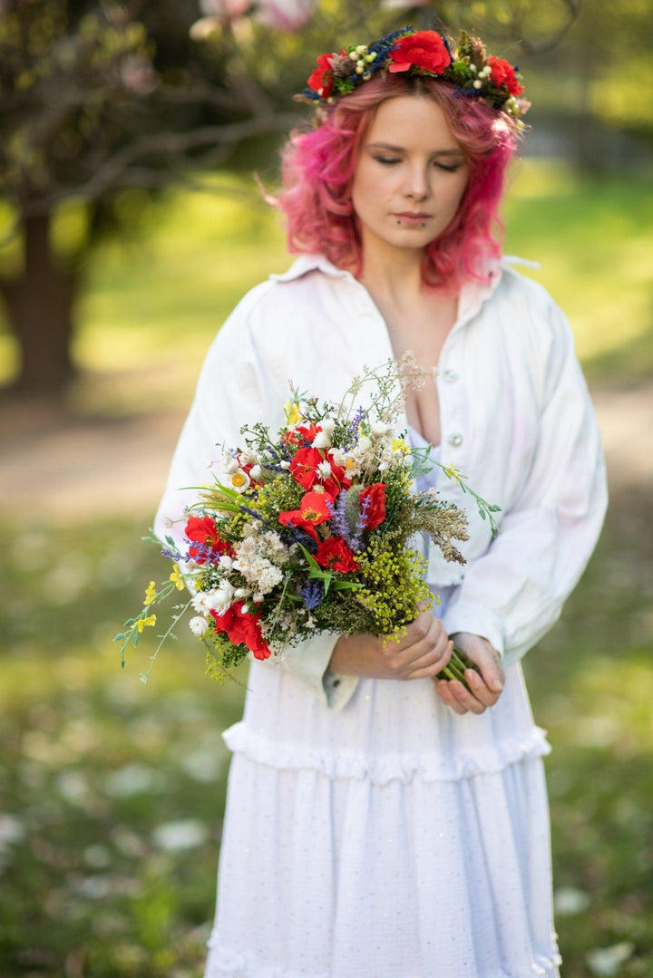 Poppy Wedding Bouquet: Handmade Folk Bridal Wildflower Accessory – handmade floral hair accessory by magaela