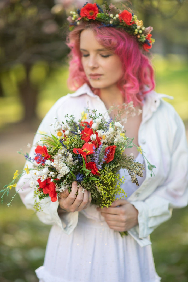 Poppy Wedding Bouquet: Handmade Folk Bridal Wildflower Accessory – handmade floral hair accessory by magaela