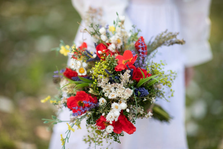 Poppy Wedding Bouquet: Handmade Folk Bridal Wildflower Accessory – handmade floral hair accessory by magaela