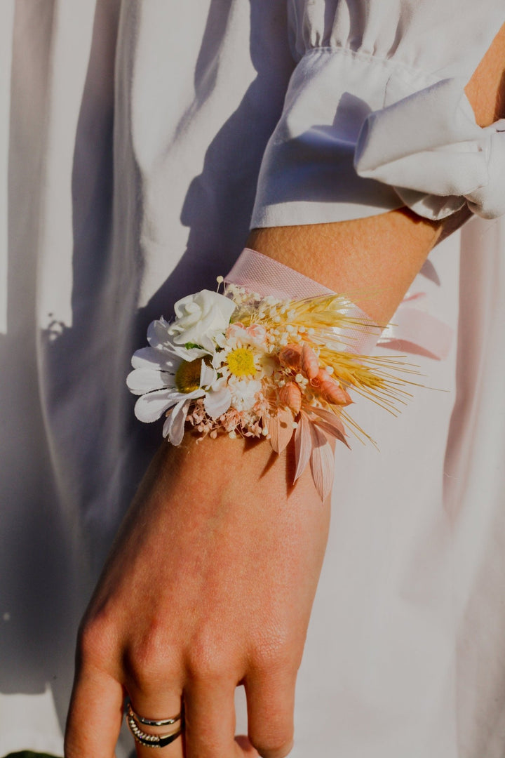 Daisy Flower Bracelet: Blush Wedding Ribbon Wrist Corsage – handmade floral hair accessory by magaela