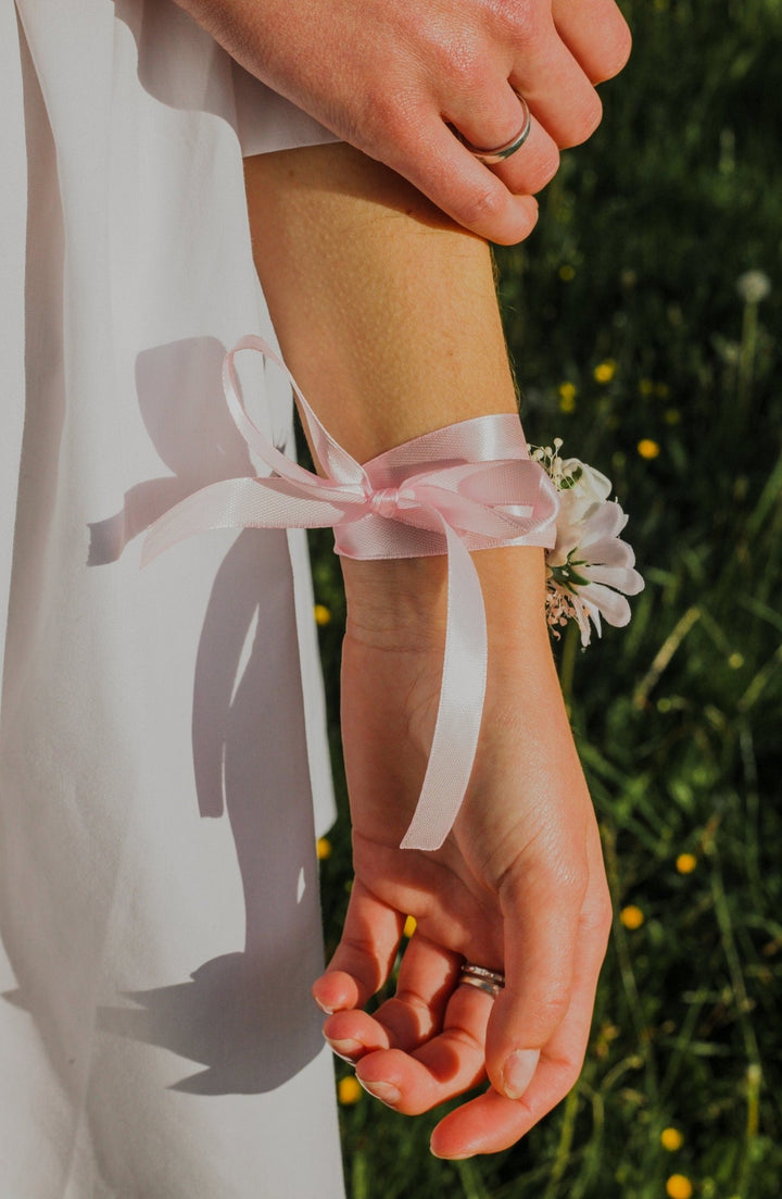 Daisy Flower Bracelet: Blush Wedding Ribbon Wrist Corsage – handmade floral hair accessory by magaela