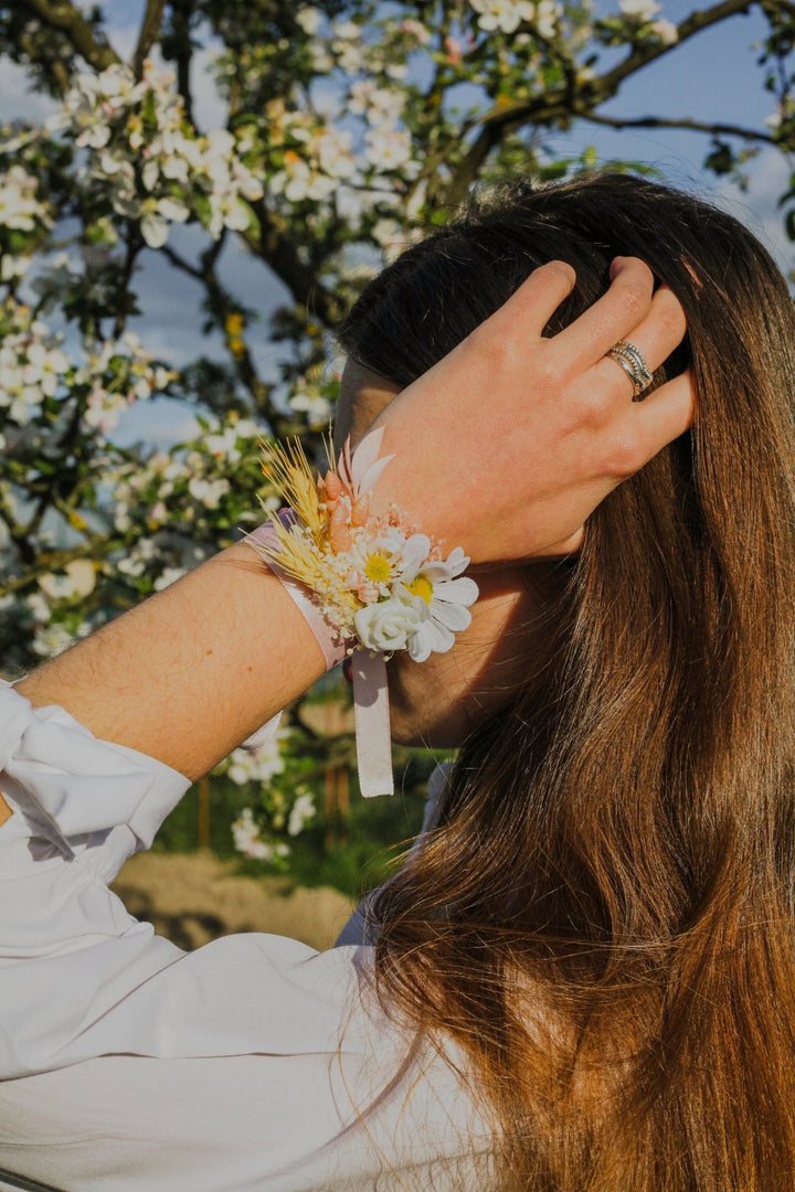 Daisy Flower Bracelet: Blush Wedding Ribbon Wrist Corsage – handmade floral hair accessory by magaela