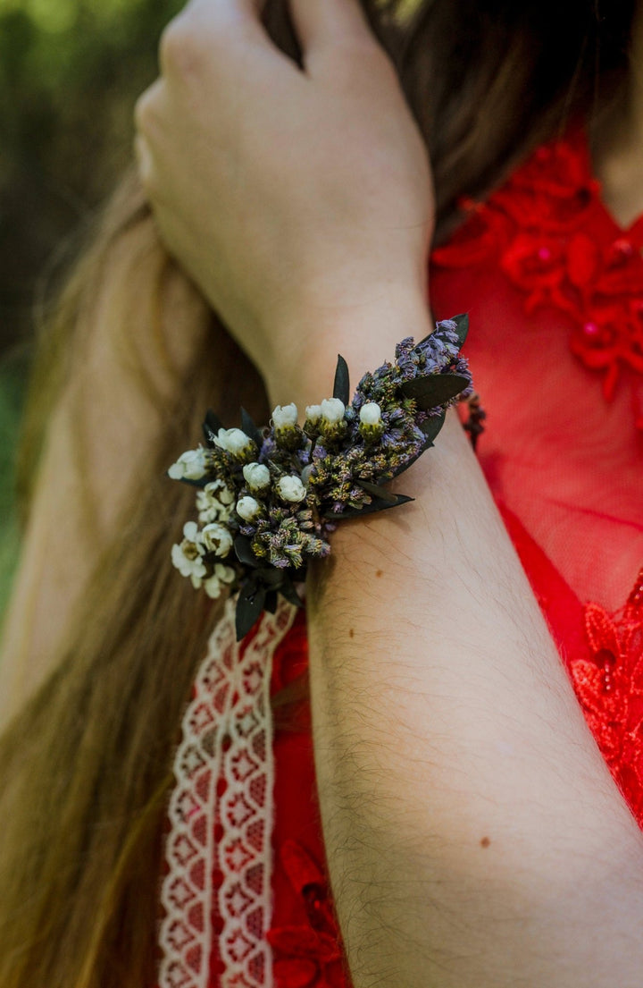 Dried Flower Wrist Corsage: Eucalyptus Wedding Bracelet, Bridesmaid Jewelry – handmade floral hair accessory by magaela