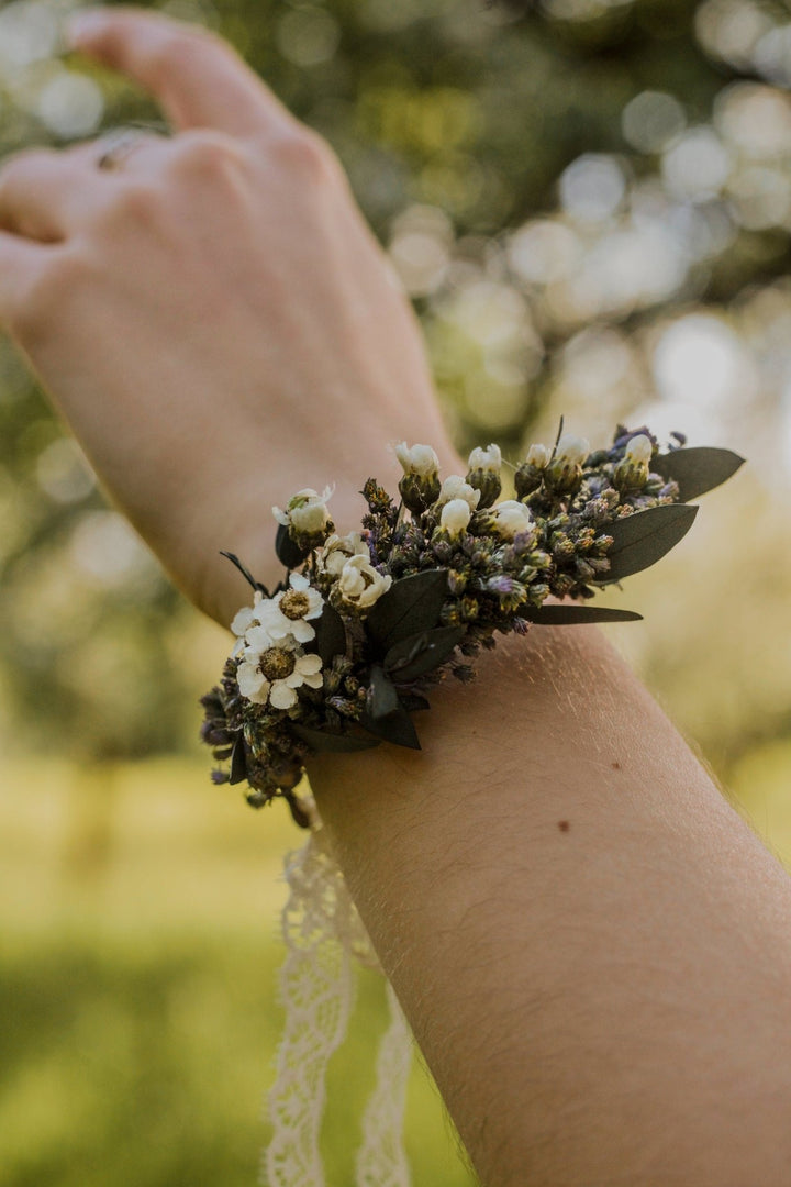 Dried Flower Wrist Corsage: Eucalyptus Wedding Bracelet, Bridesmaid Jewelry – handmade floral hair accessory by magaela