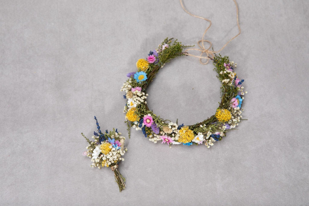 Wildflower Wedding Set: Flower Crown and Boutonniere – handmade floral hair accessory by magaela