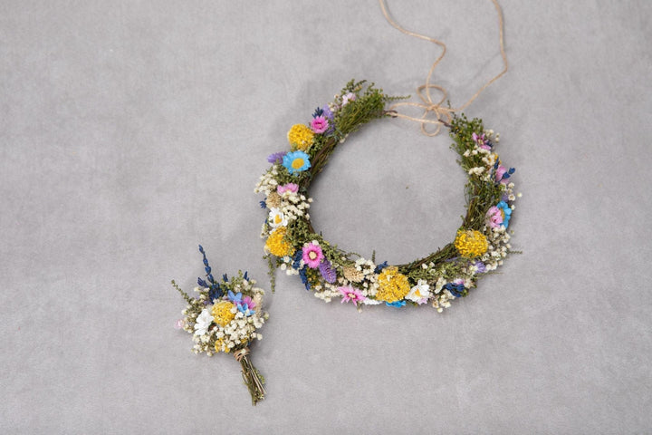 Wildflower Wedding Set: Flower Crown and Boutonniere – handmade floral hair accessory by magaela