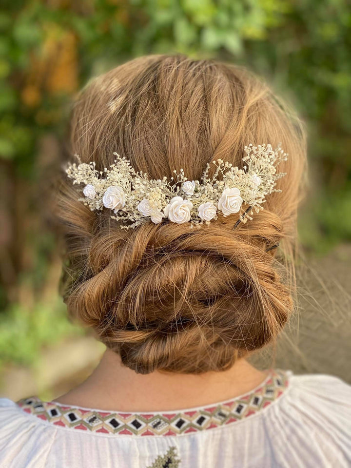 Dried Flower Bridal Hair Comb: Paper Roses, Rustic Wedding Headpiece – handmade floral hair accessory by magaela