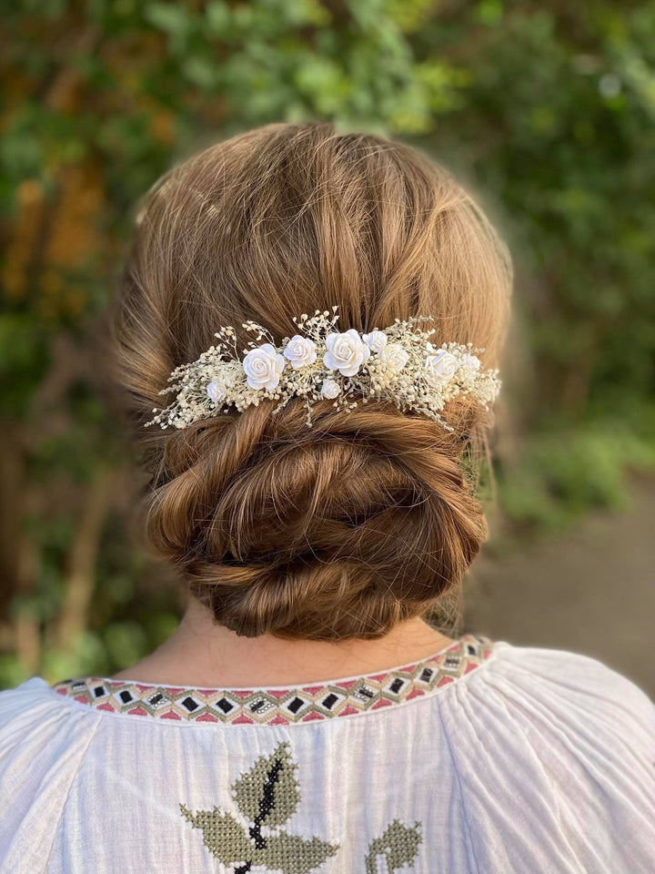 Dried Flower Bridal Hair Comb: Paper Roses, Rustic Wedding Headpiece – handmade floral hair accessory by magaela