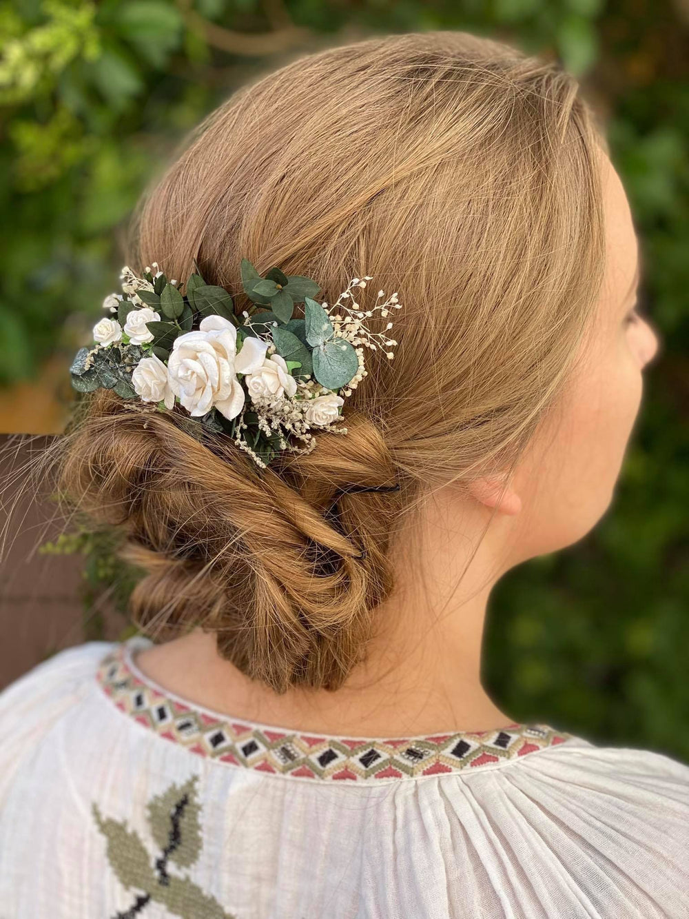 Bridal Flower Hair Comb: Romantic Greenery, White Roses – handmade floral hair accessory by magaela