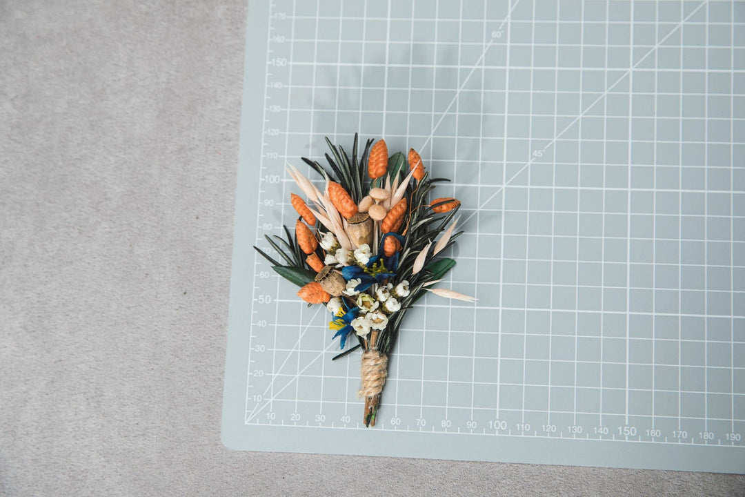 Natural flower set Bridal hair comb Boutonniere for groom Matching wedding accessories Orange and blue hair comb Rosemary and olive leaves – handmade floral hair accessory by magaela