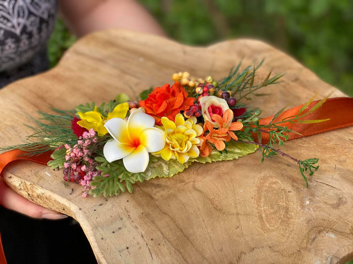 Tropical Flower Wedding Belt: Orange Plumeria Bridal Sash – handmade floral hair accessory by magaela