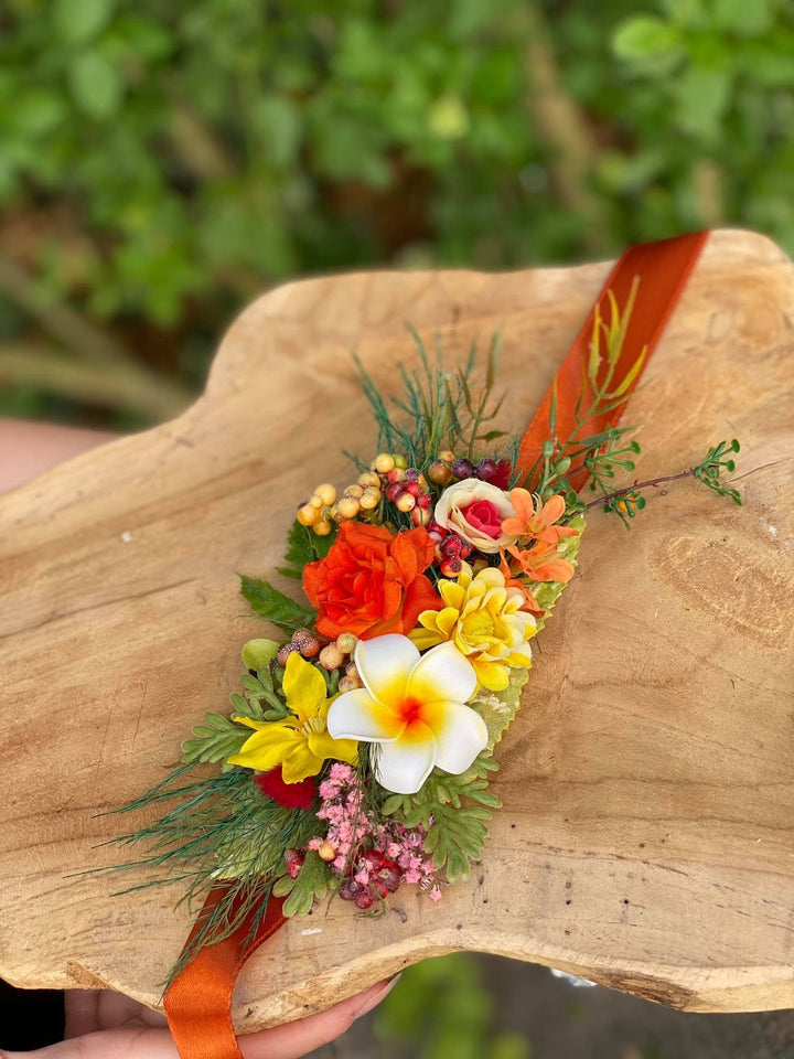 Tropical Flower Wedding Belt: Orange Plumeria Bridal Sash – handmade floral hair accessory by magaela