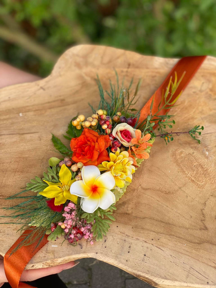 Tropical Flower Wedding Belt: Orange Plumeria Bridal Sash – handmade floral hair accessory by magaela