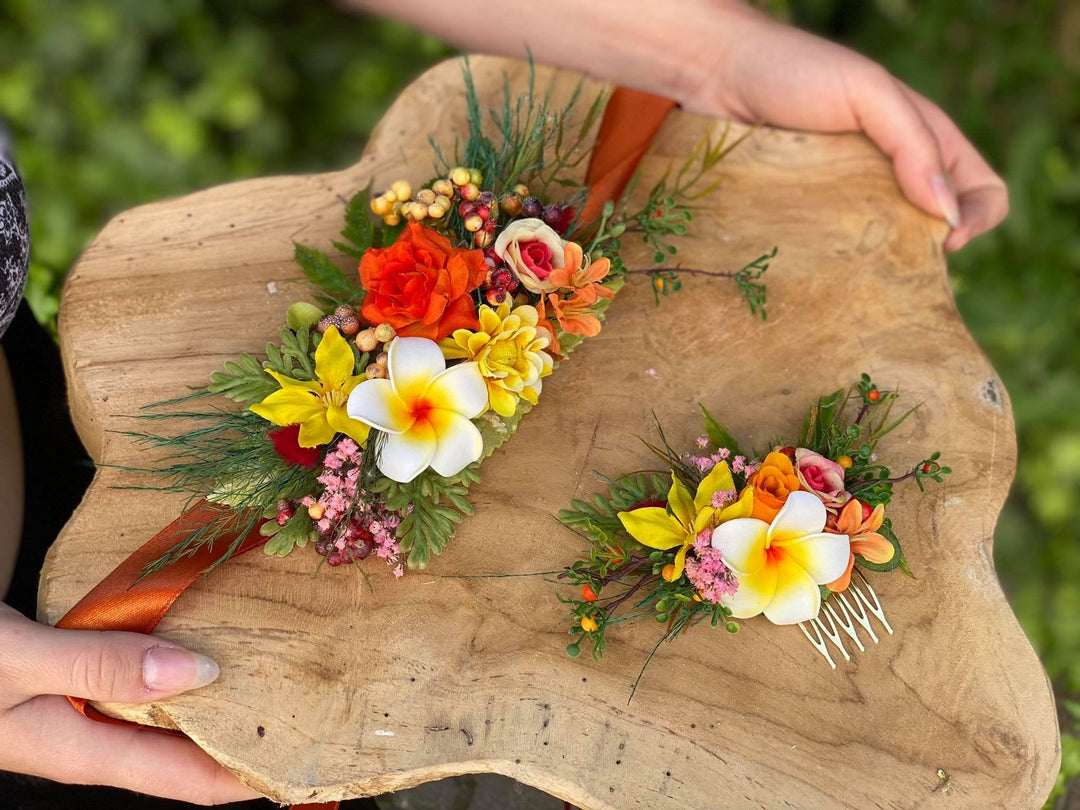 Tropical Flower Wedding Belt: Orange Plumeria Bridal Sash – handmade floral hair accessory by magaela