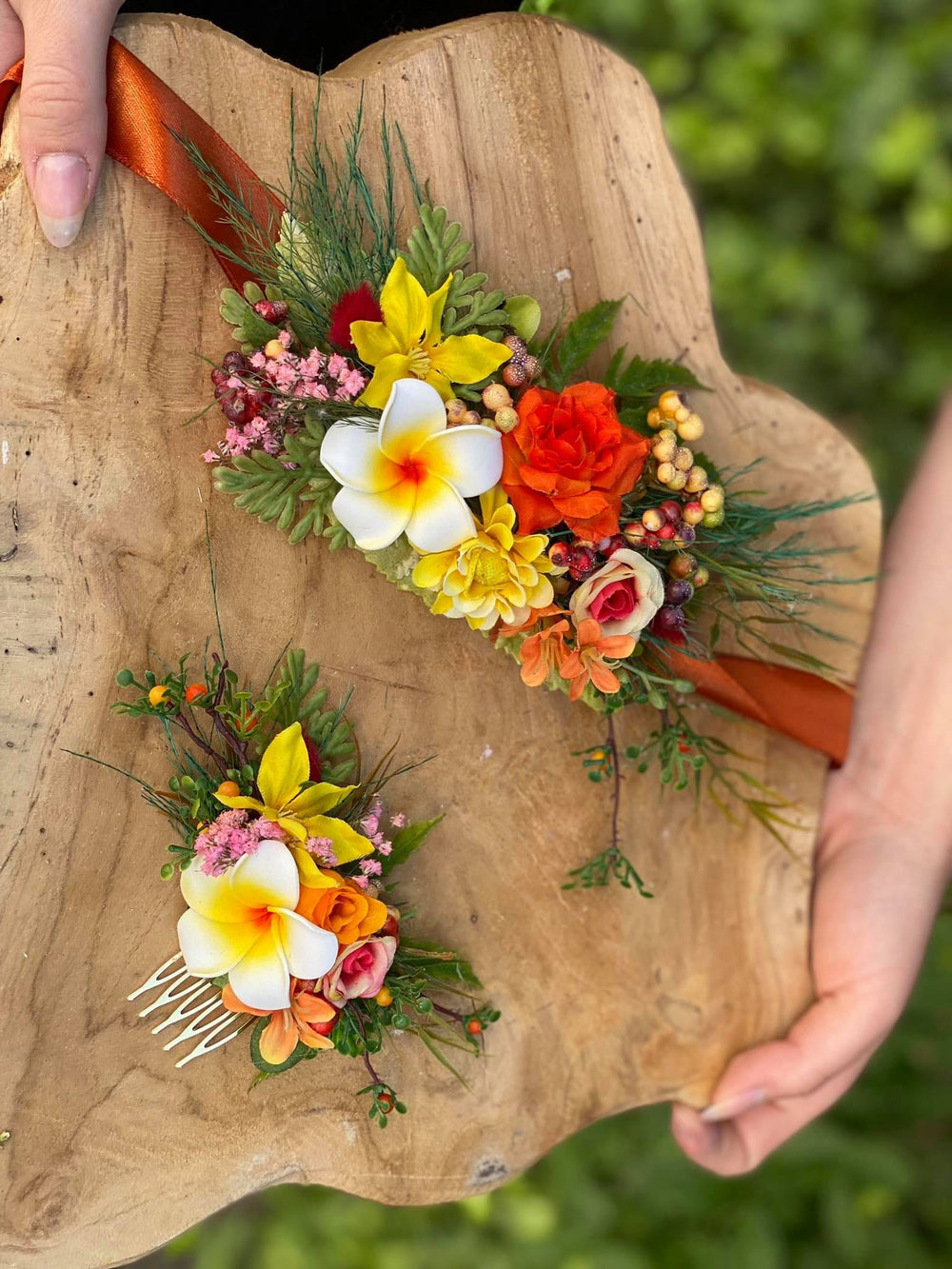 Tropical Flower Wedding Belt: Orange Plumeria Bridal Sash – handmade floral hair accessory by magaela