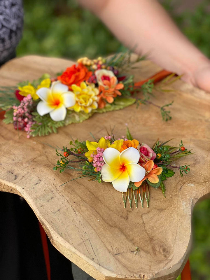 Tropical Flower Wedding Belt: Orange Plumeria Bridal Sash – handmade floral hair accessory by magaela