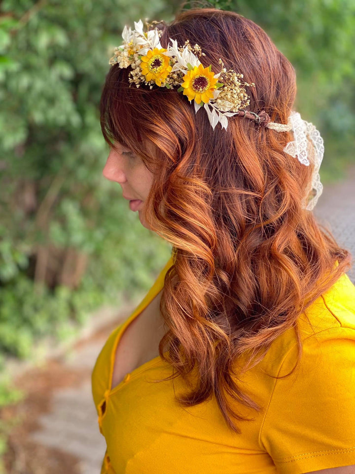 Sunflower Bridal Hair Crown: Ivory & Yellow Flower Wreath – handmade floral hair accessory by magaela