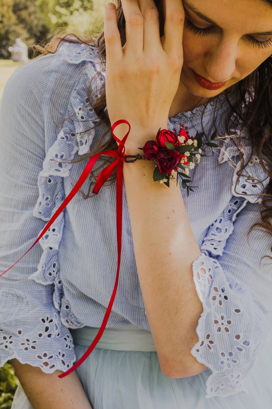 Burgundy Floral Wrist Corsage: Eucalyptus Wedding Bracelet – handmade floral hair accessory by magaela
