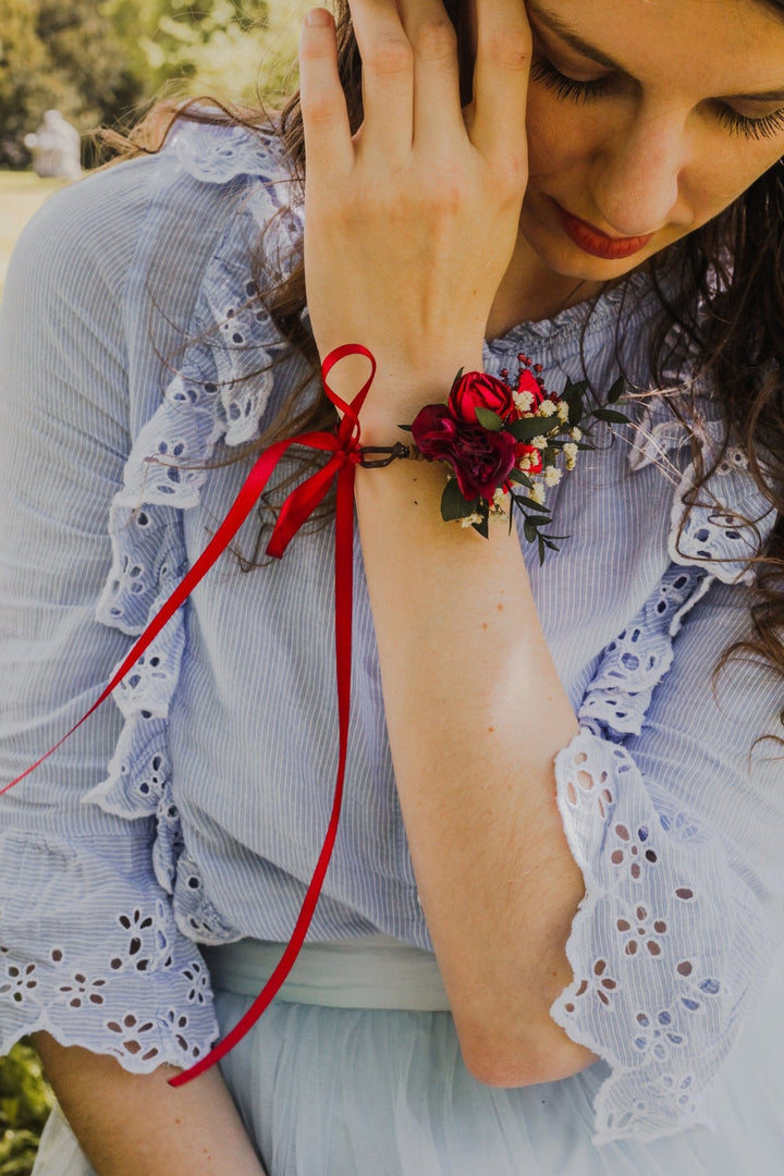 Burgundy Floral Wrist Corsage: Eucalyptus Wedding Bracelet – handmade floral hair accessory by magaela