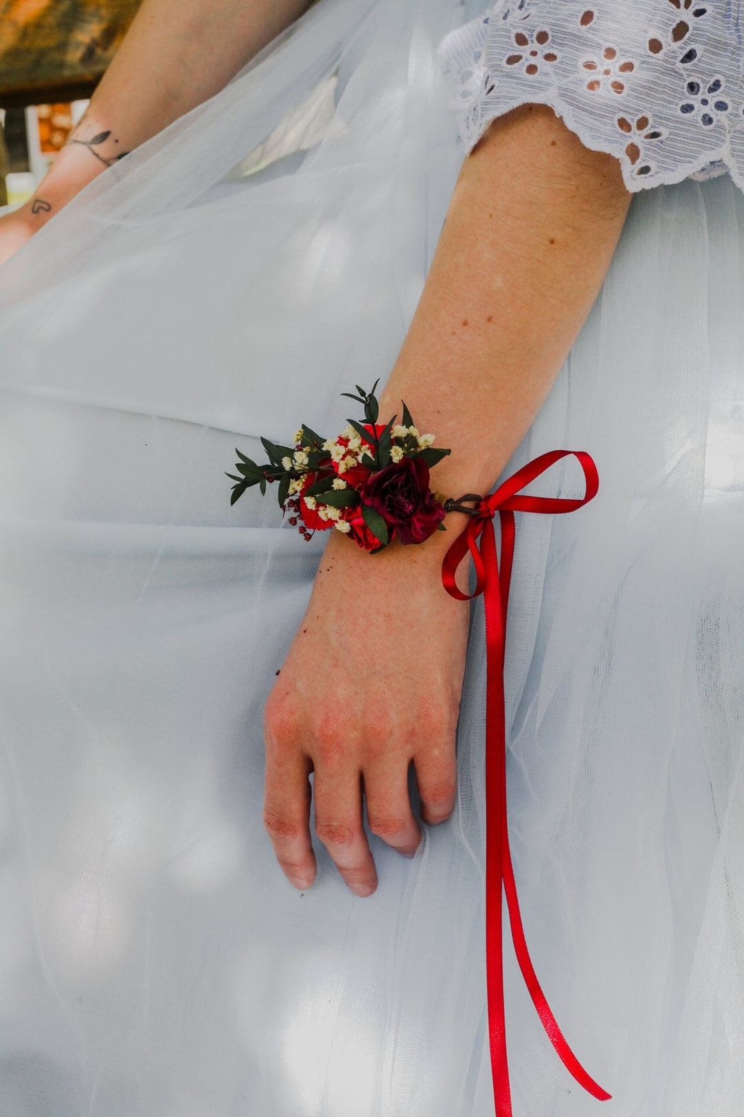 Burgundy Floral Wrist Corsage: Eucalyptus Wedding Bracelet – handmade floral hair accessory by magaela