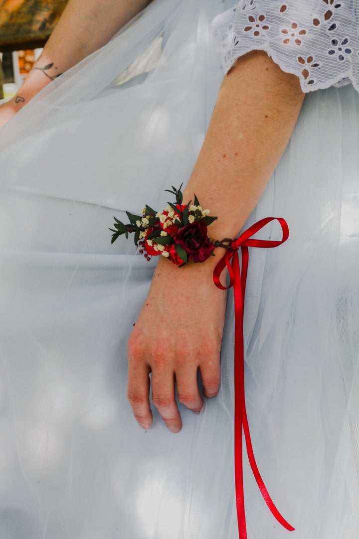 Burgundy Floral Wrist Corsage: Eucalyptus Wedding Bracelet – handmade floral hair accessory by magaela