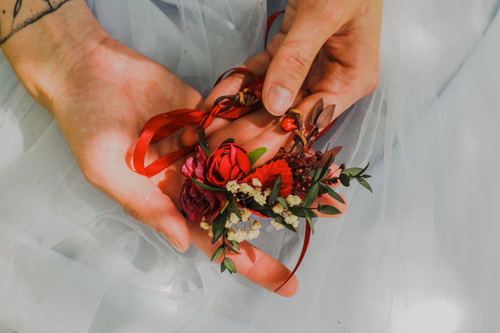Burgundy Floral Wrist Corsage: Eucalyptus Wedding Bracelet – handmade floral hair accessory by magaela