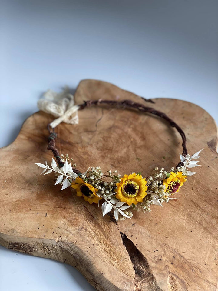 Sunflower Bridal Hair Crown: Ivory & Yellow Flower Wreath – handmade floral hair accessory by magaela