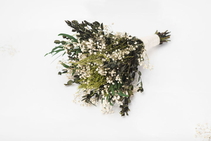 Preserved Eucalyptus Bridal Bouquet: Greenery & Baby's Breath Wedding Flowers – handmade floral hair accessory by magaela